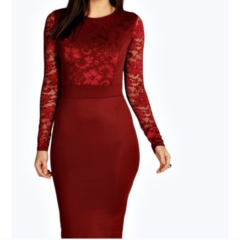 Lace LongSleeve Bodycon Midi Dress Maroon Burgundy